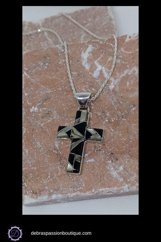 Silver Geometric Cross Pendant Necklace Black+Neutral Stone Inlay by Ed Lohman