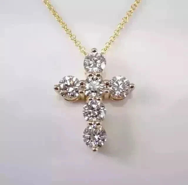 1.50CT Round-Cut Real Moissanite Cross Pendant Necklace 14K Yellow Gold Plated