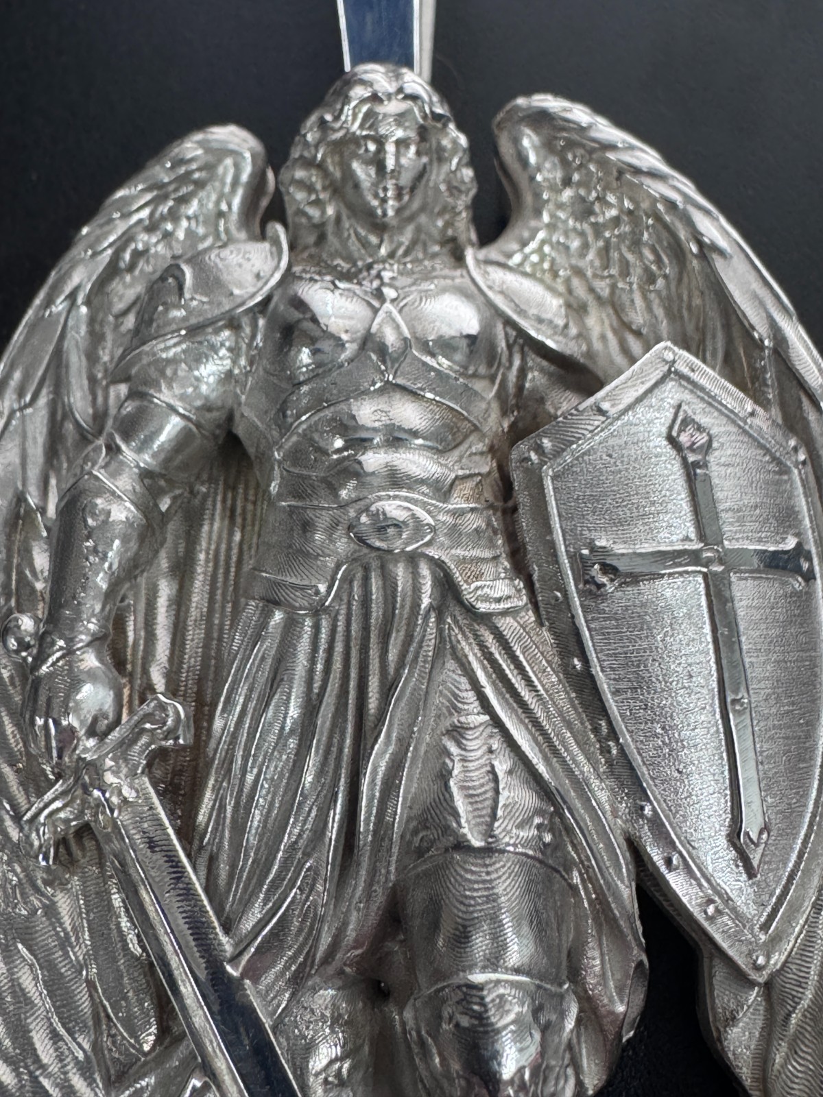 Saint Michael Warrior Angel 4″ Large Heavy Charm Pendant 108.5gm Silver .925