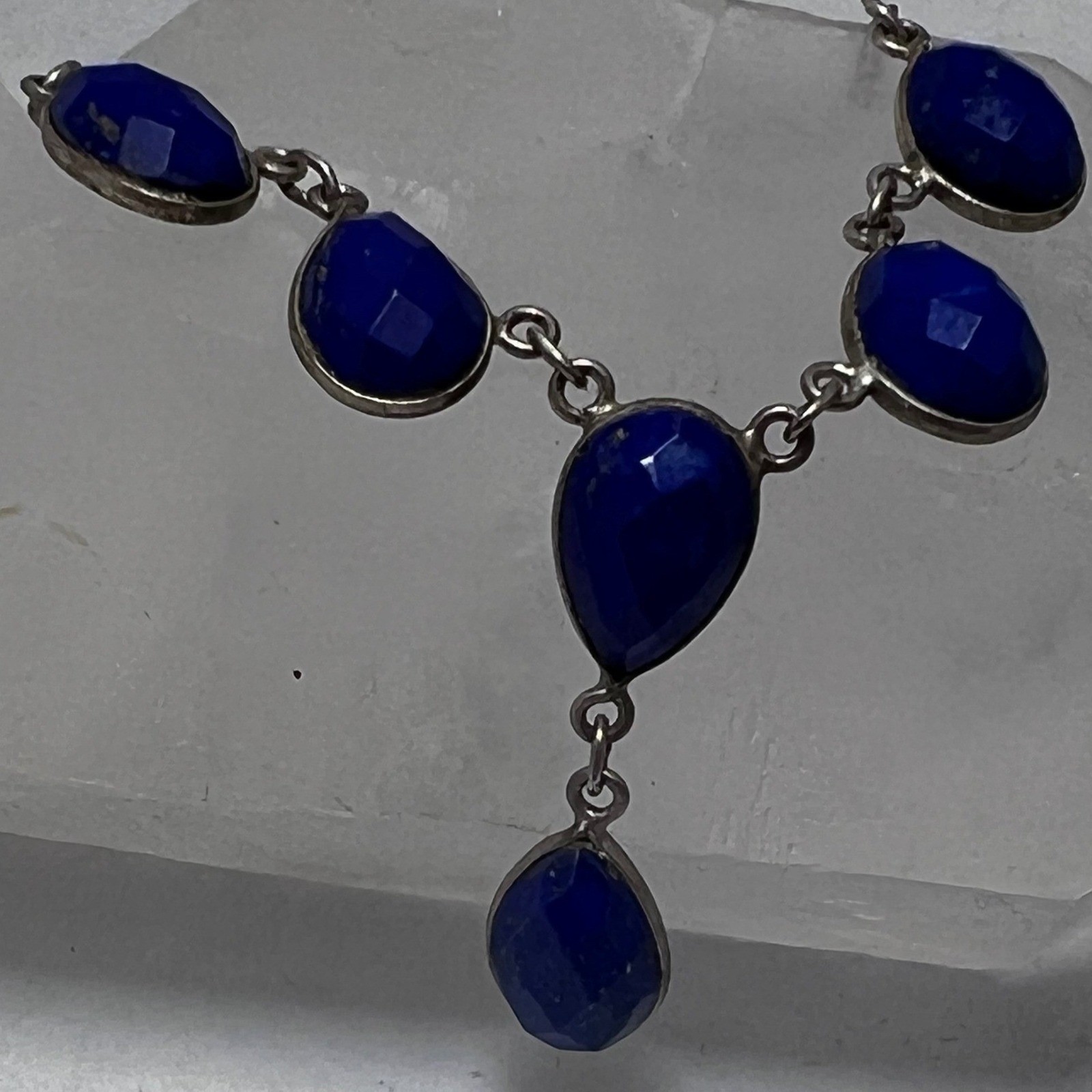 Sterling Silver Lapis Lazuli Faceted Teardrop Drop Necklace Blue Gemstone 925