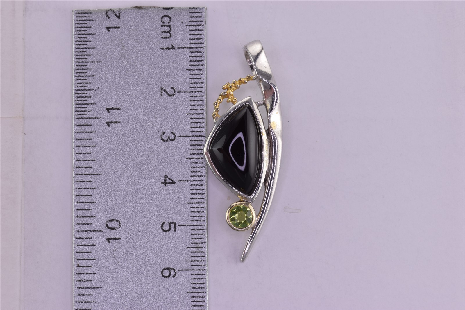 Sterling Silver 49mm x 16mm Black Onyx Saber Sword Peridot 925 Pendant