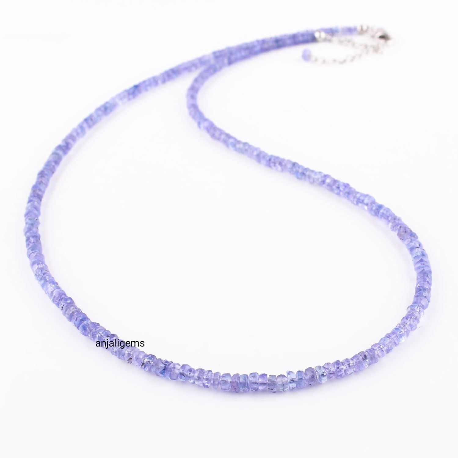 18K White Gold Finished Over AA+ Tanzanite Gemstone Beads Necklace In 925 Silver