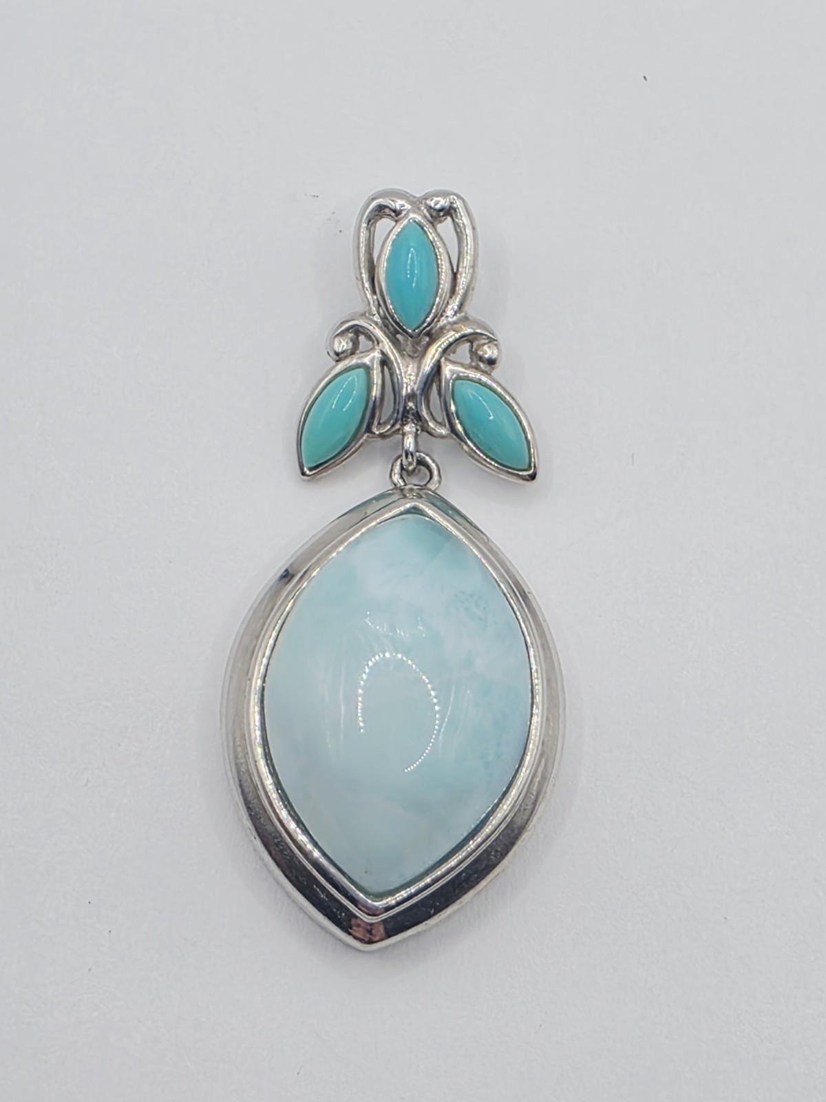 BBJ 925 Sterling Silver Larimar Pendant Thailand Blue Gemstone 9.2g Floral Leaf