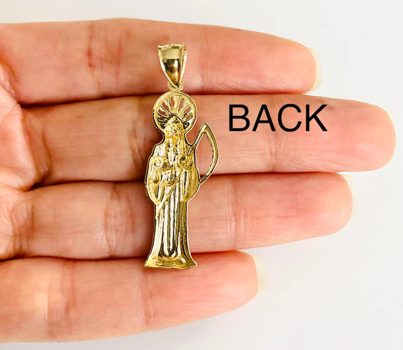 14K Solid Gold 1.5″ Grim Reaper, Holy Death Pendant-14K Gold Santa Muerte-PT1158