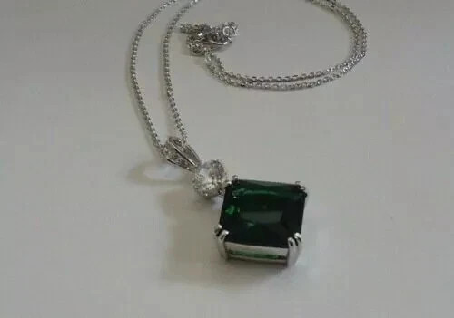 3Ct Lab Created Cushion Fantastic Green Diamond Women Pendant 14K White Chain