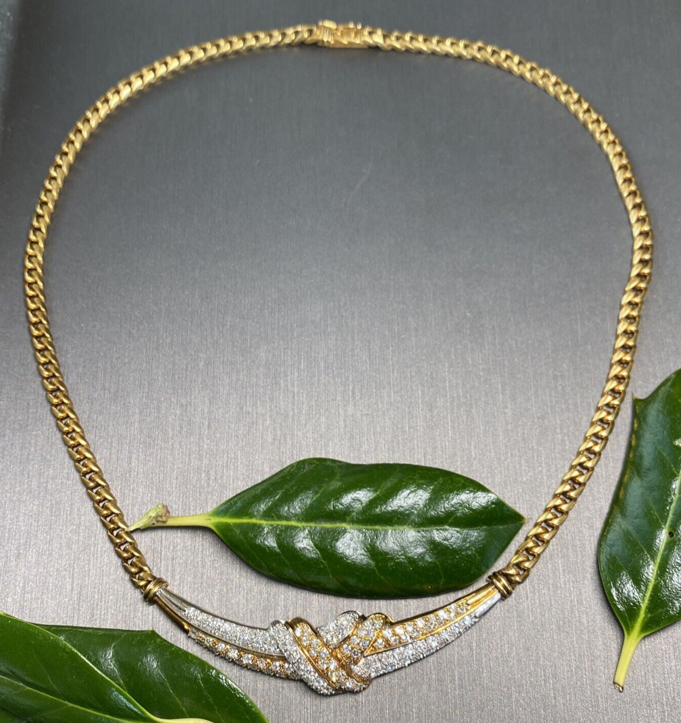 18K Yellow White Gold Diamond Love Knot X Crescent Vintage Cuban Chain Necklace