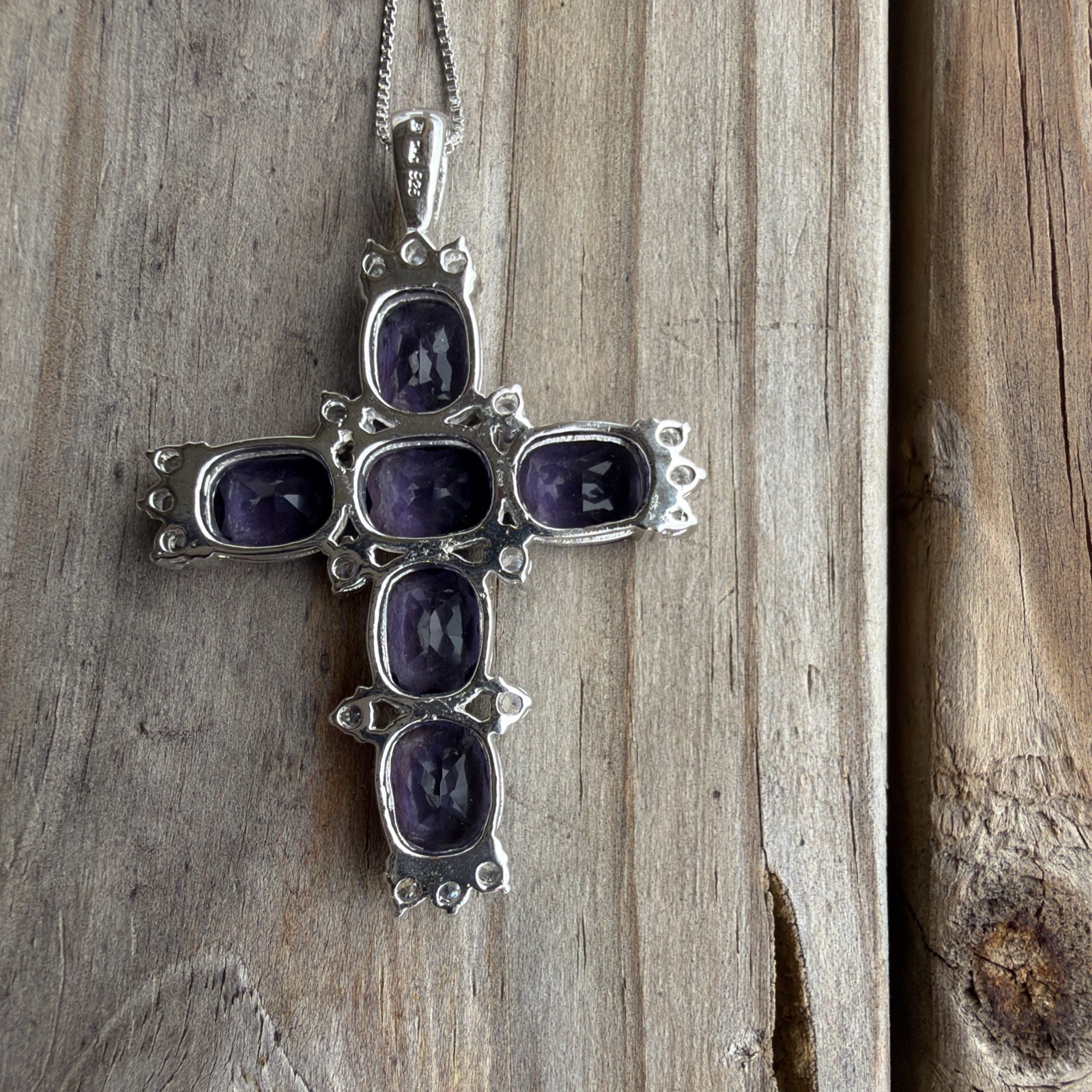 Amerthyst CZ Cross 2.25” Pendant Sterling Silver 925 Mount And 18” Chain 20g