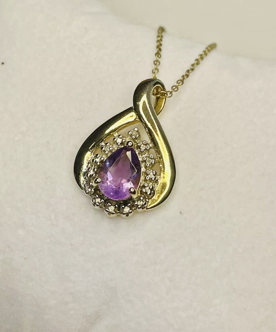 Amethyst & Diamond Pendant Necklace 0.75ct in Gold Plated 925 Sterling Silver