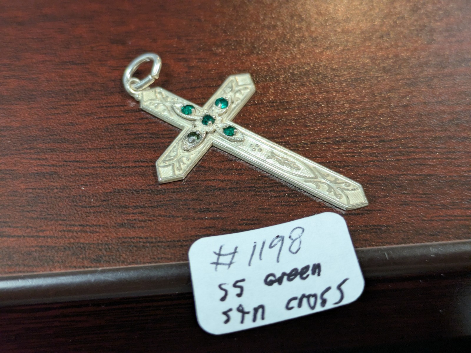 Sterling Silver .925 Green CZ Cross Pendant Charm 37mm tall 2 grams