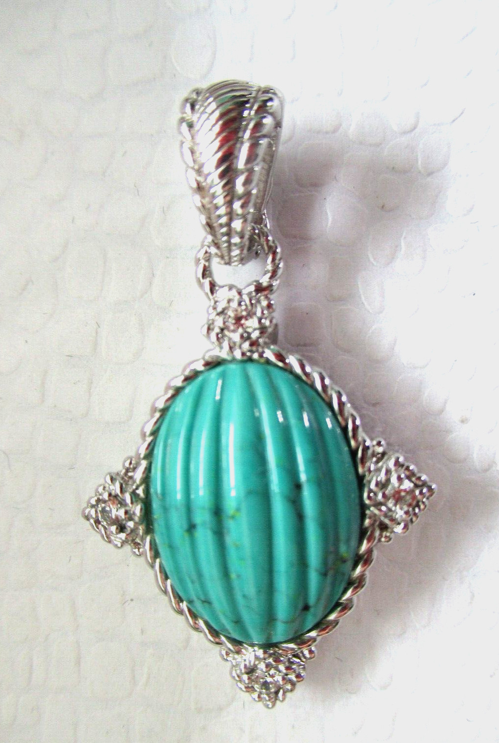 JUDITH RIPKA 925 SS CARVED TURQUOISE DIAMONIQUE CZ PENDANT ENHANCER GIFT BOX