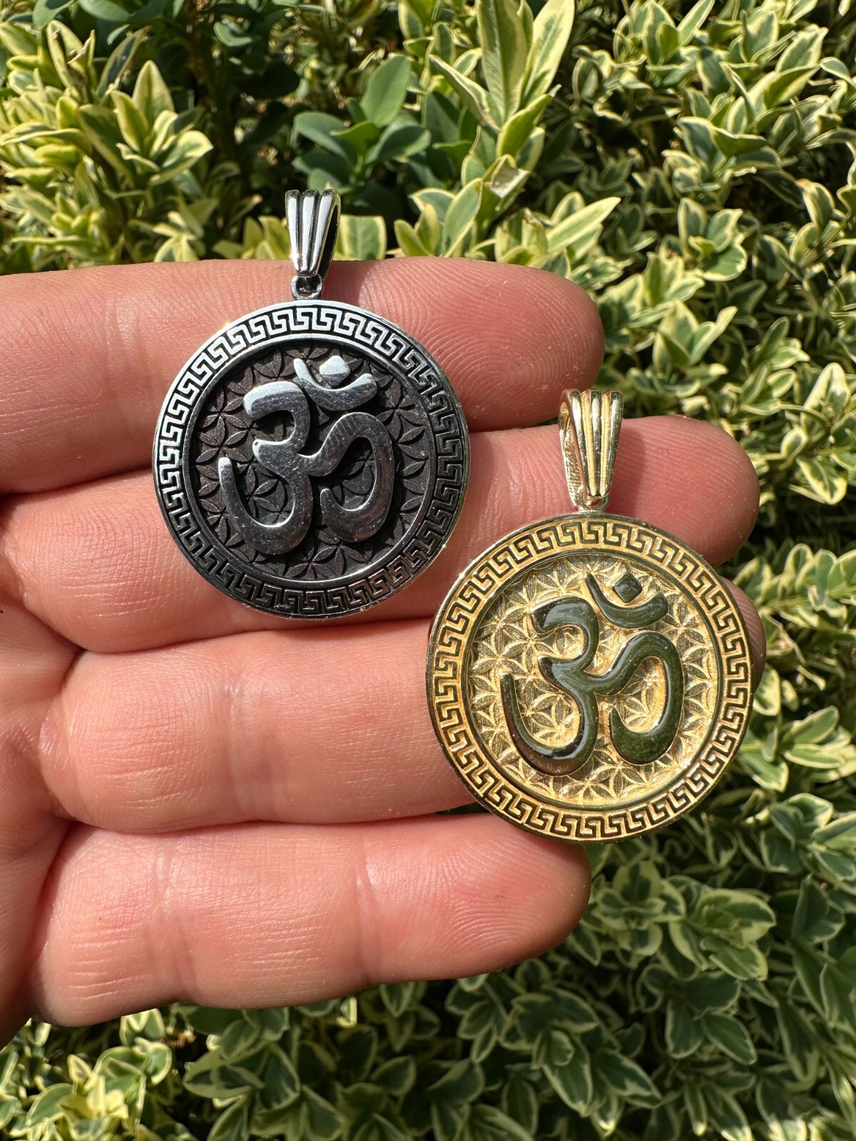 Real 925 Silver / 14k Gold Plated Ohn Hindu Om Big 1″ Medallion Pendant Necklace