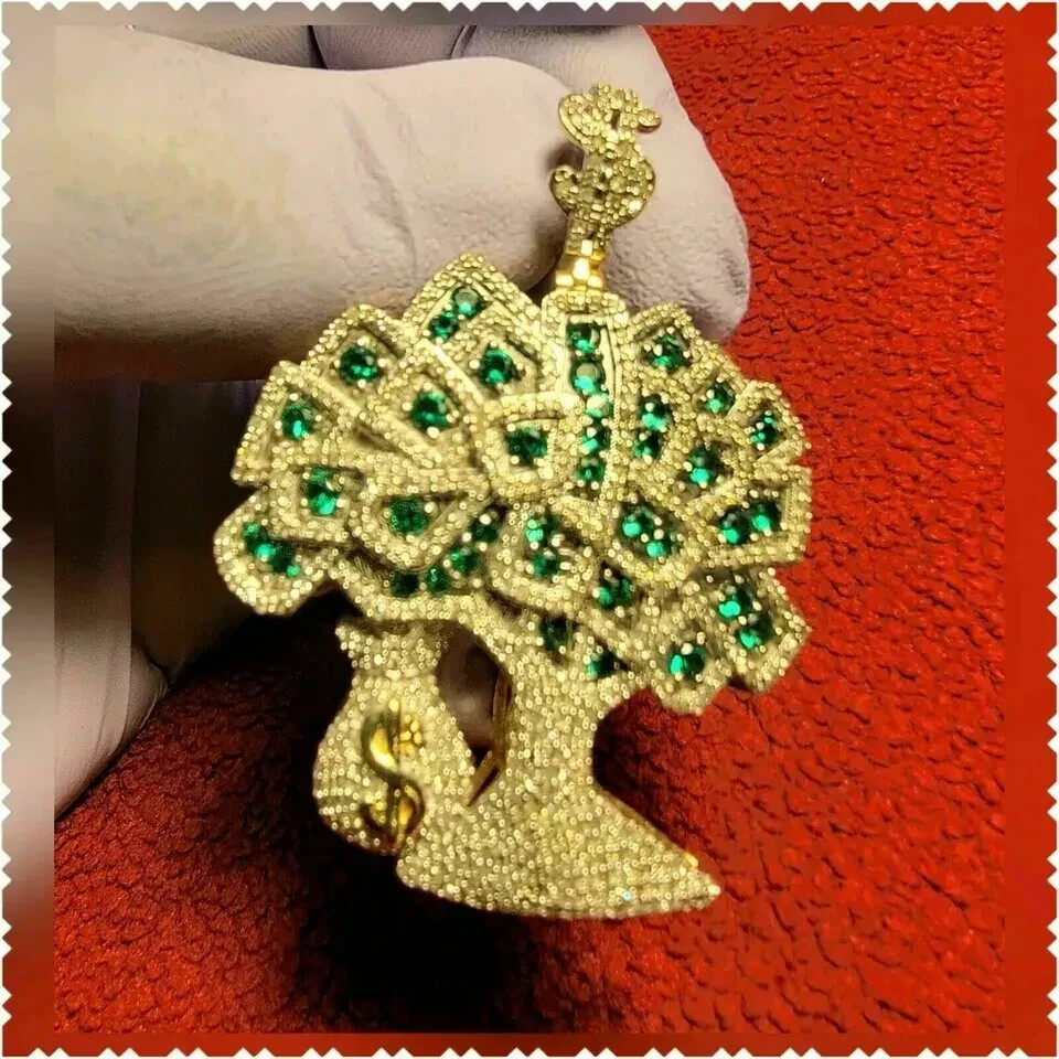 3Ct Round Emerald Men’s Money Tree Hip Hop Jewelry Pendant 14K Yellow Gold Over