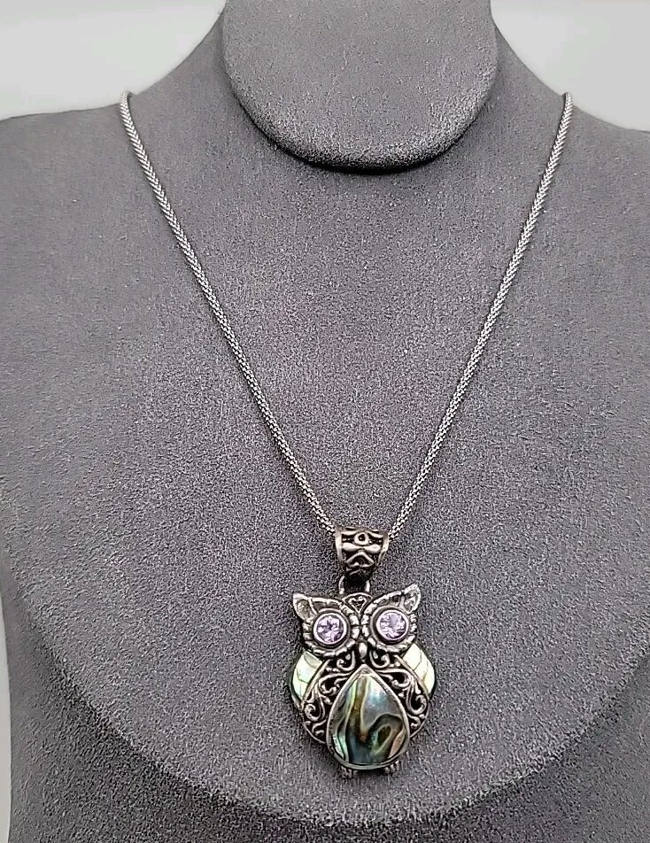 Sterling Silver ATI Abalone Amethyst OWL Pendant Necklace 925 16″ Rope Chain