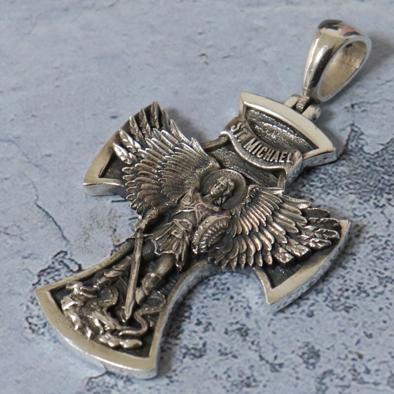 21g Big Cross Saint Michael the Archangel with Prayer Pendant 925 Sterling Silve