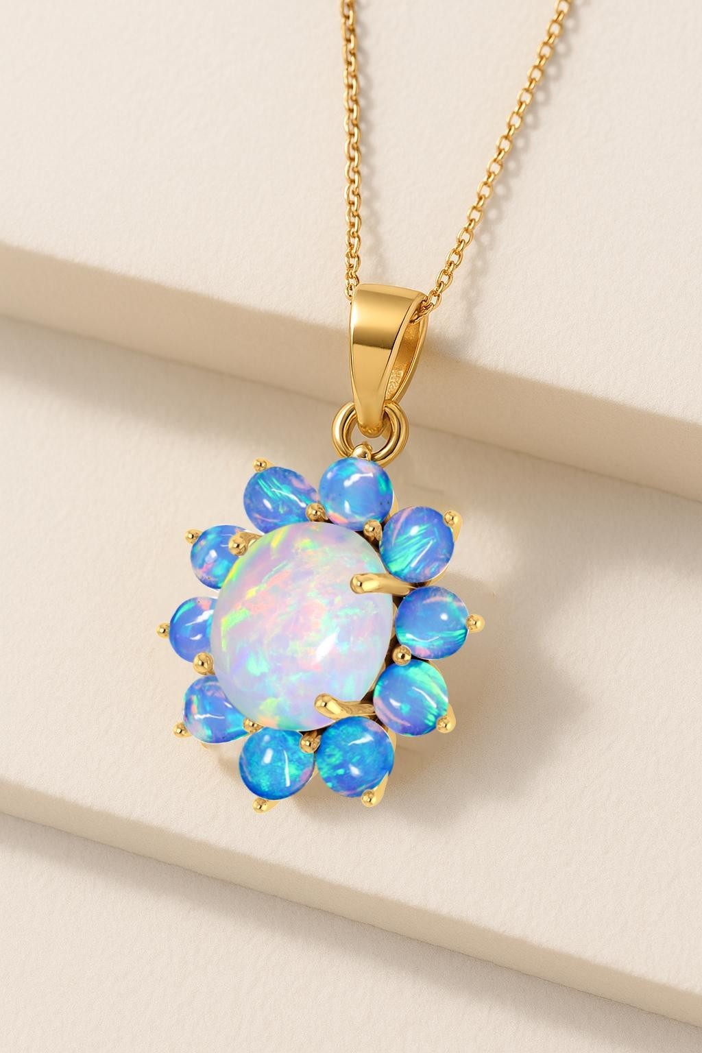 Fire White and Blue Opal Gemstone Charm Pendant Necklace, Natural Opal Gemstone