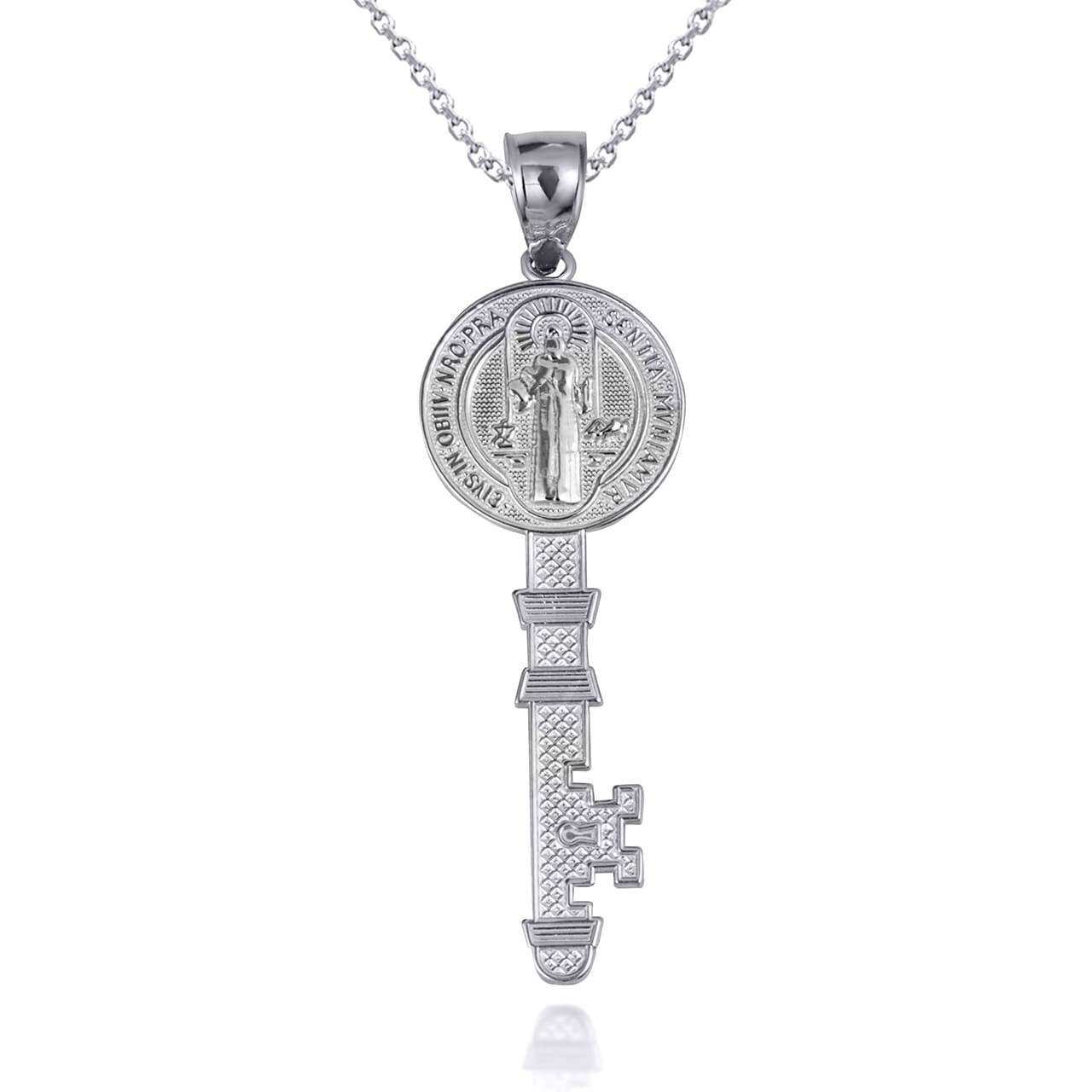 .925 Sterling Silver Saint Benedict Medal Key Reversible Pendant Necklace S/L