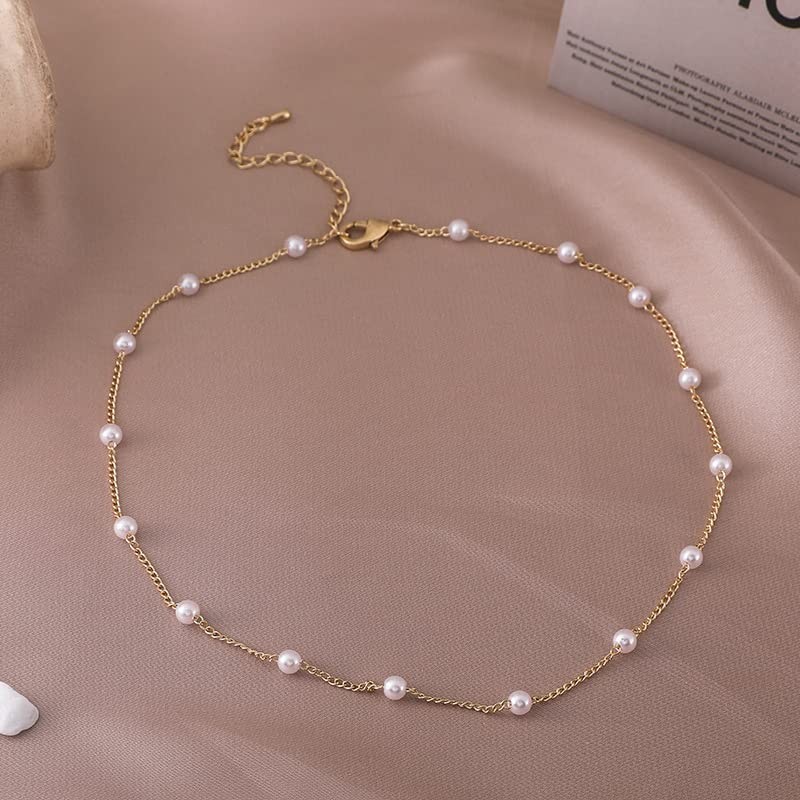 Pearl Choker Necklace for Women,18k Gold Tiny Chain Dainty Charm Adjustable Aest