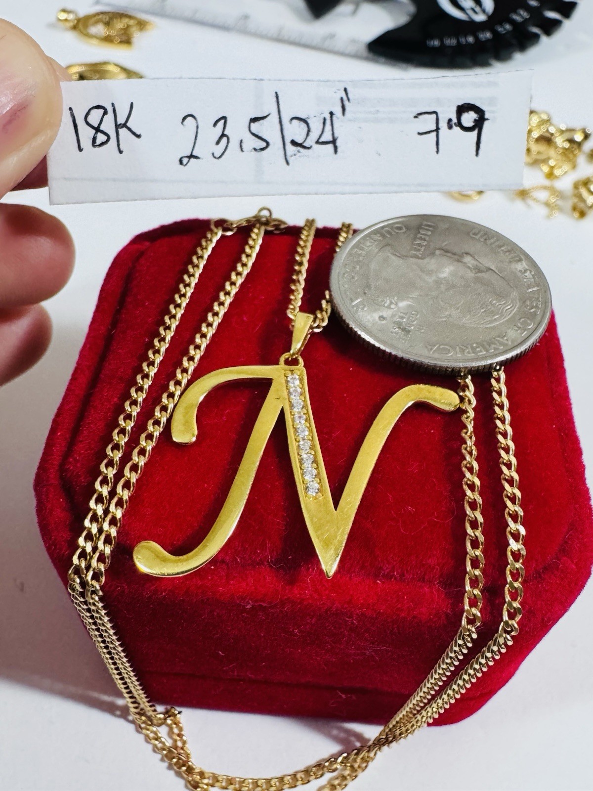 18K 750 Real Fine Gold Men Women’s Letter N Set Necklace 23.5/24” long 7.9g 2mm