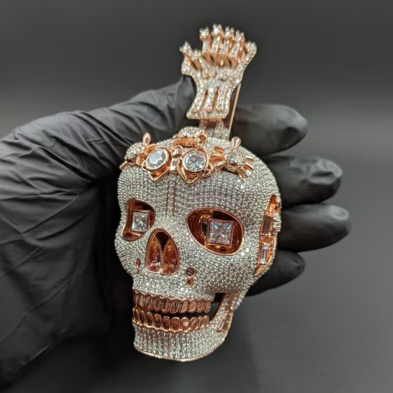Tester Pass Moissanite Skull Pendant Rose Gold Plated Hip Hop Luxury Rap Jewelry