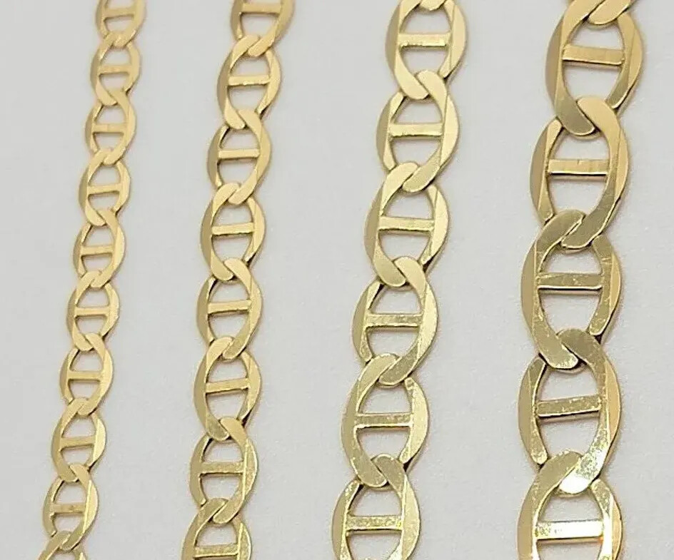 10K Solid Yellow Gold Mariner Link Chain Bracelet Necklace 3.2mm~6mm Size 7″~26″