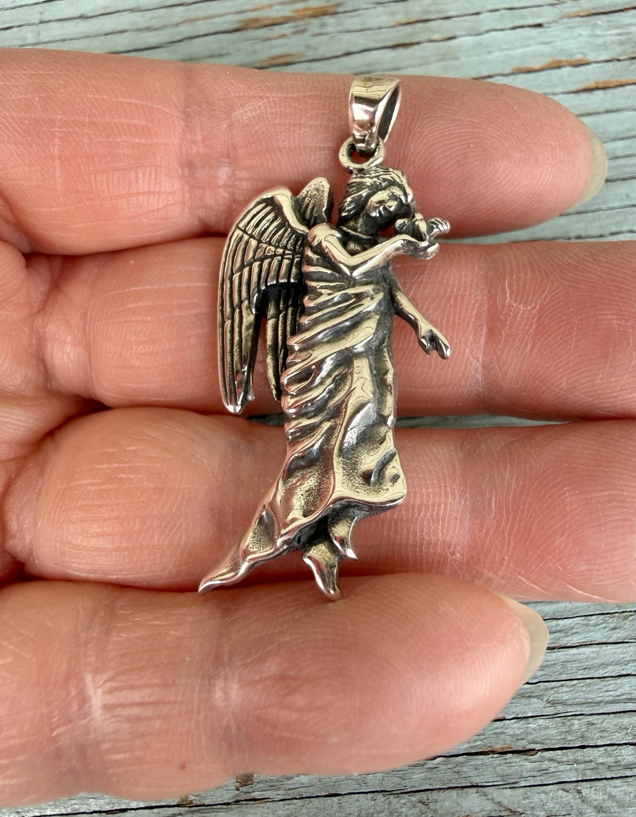 Heavy Sterling Silver 925 Guardian Angel Holding A Bird Pendant For Necklace 2”