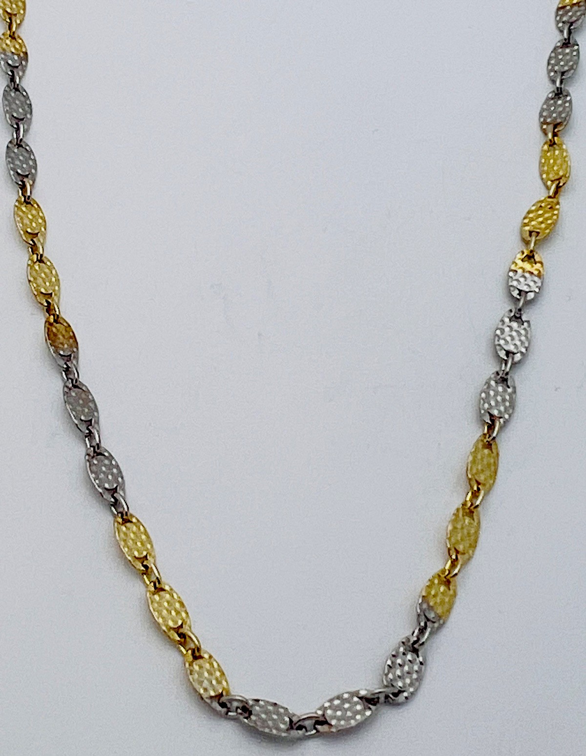 925 Italian Sterling Silver 2 Tone 4.3 Gram Textured Flat Oval Link Necklace 20”