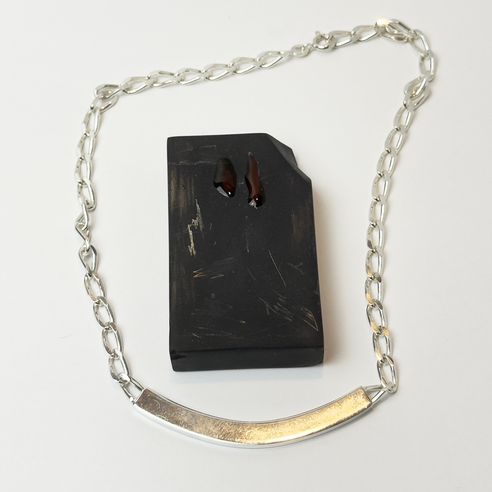 925 Solid 13in Curb Linked Choker Necklace w/ 2.25in Curved Bar/ Total L 15.25in