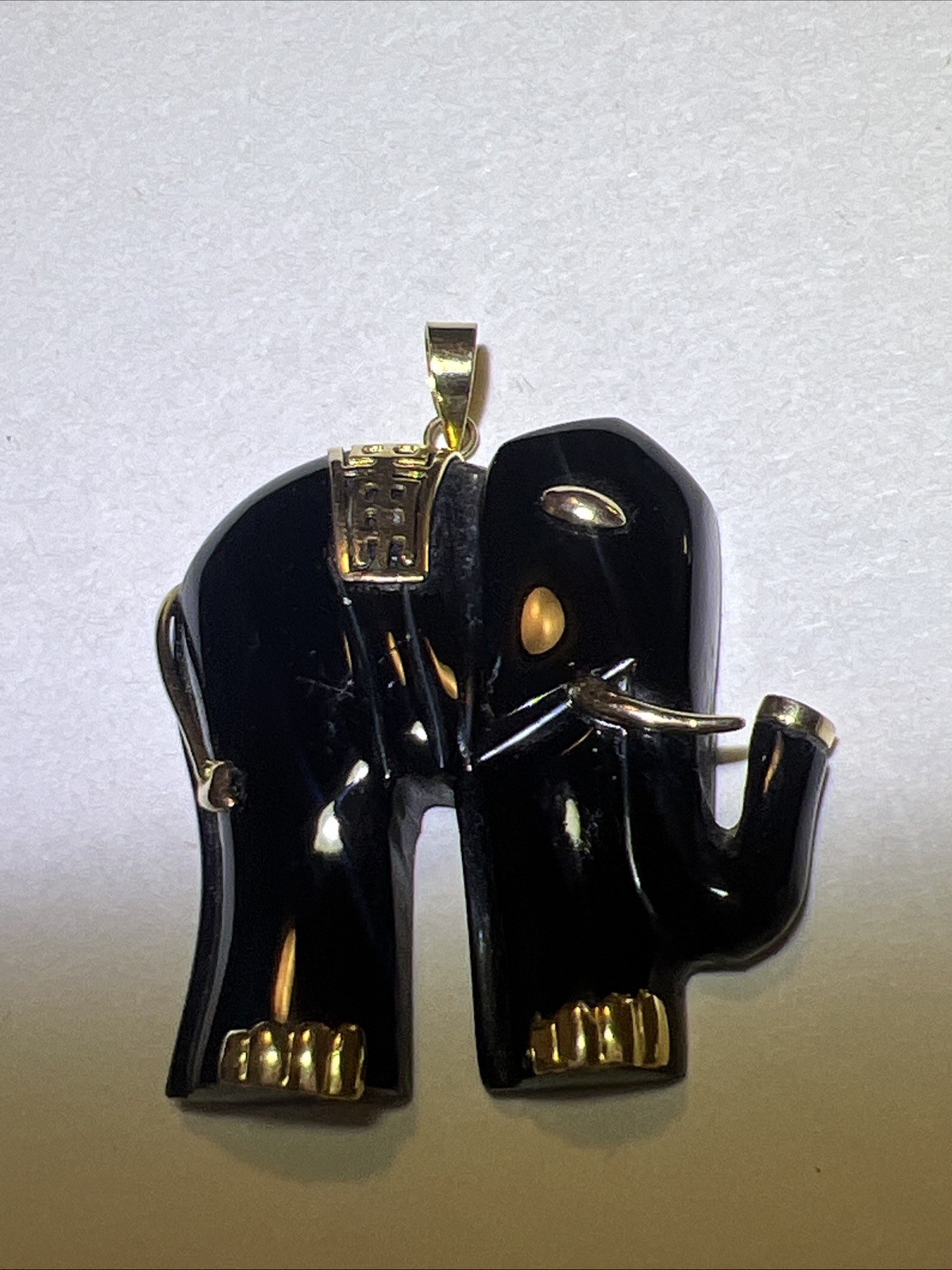 Great Extra Large Solid 14K Gold Black Onyx Elephant Pendant