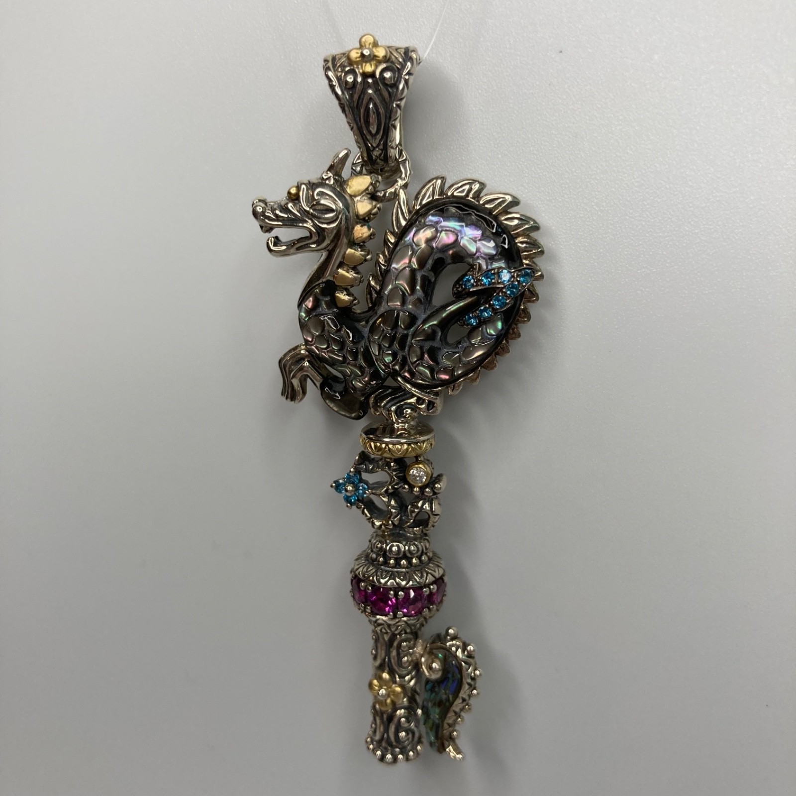 Barbara Bixby Dragon Key Enhancer Pendant Gemstones 18k Gold Sterling 925 in Box