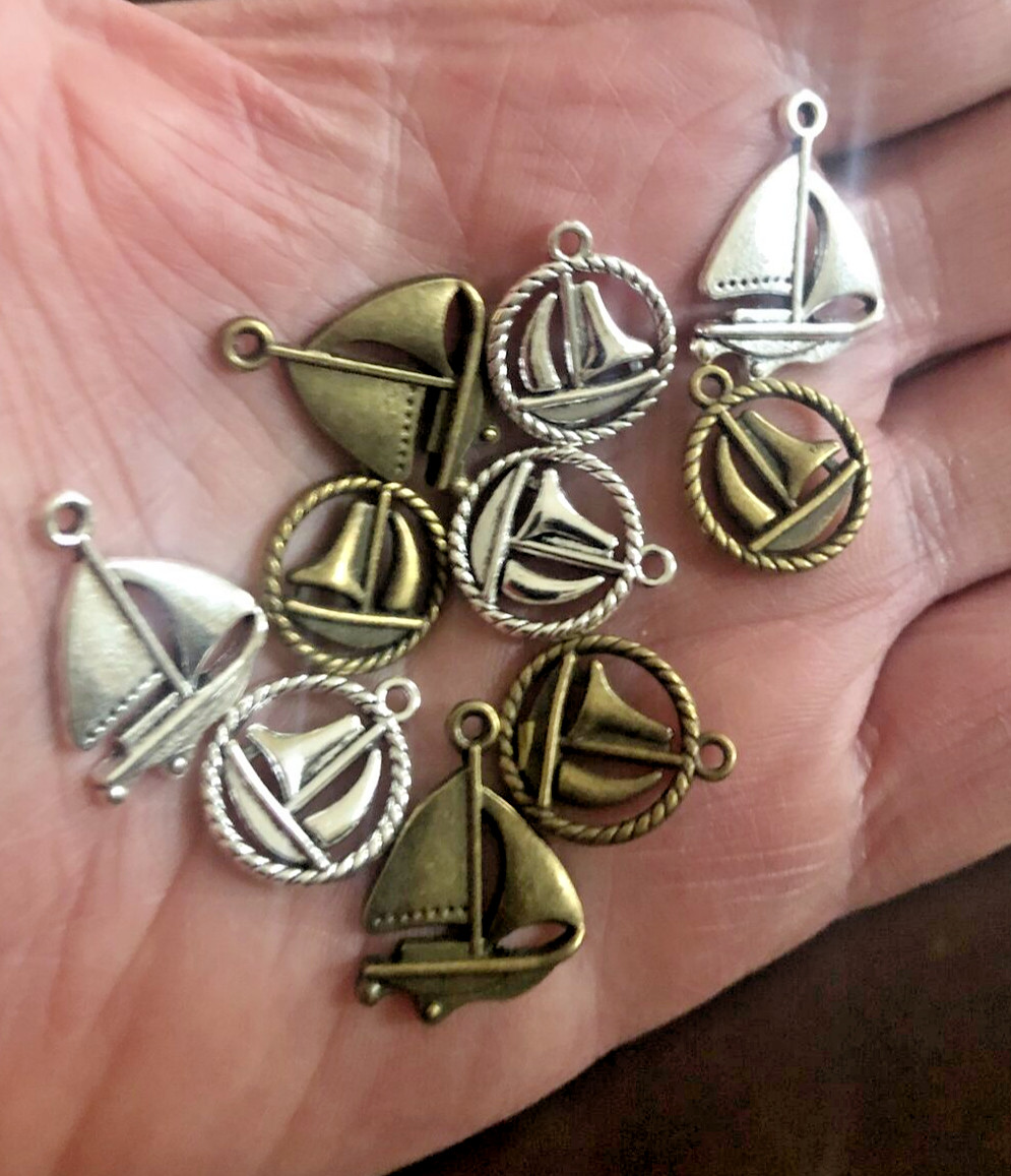 Sailboat Pendants/Charms Metal 1.2″ New 10 pieces Silver & Bronze