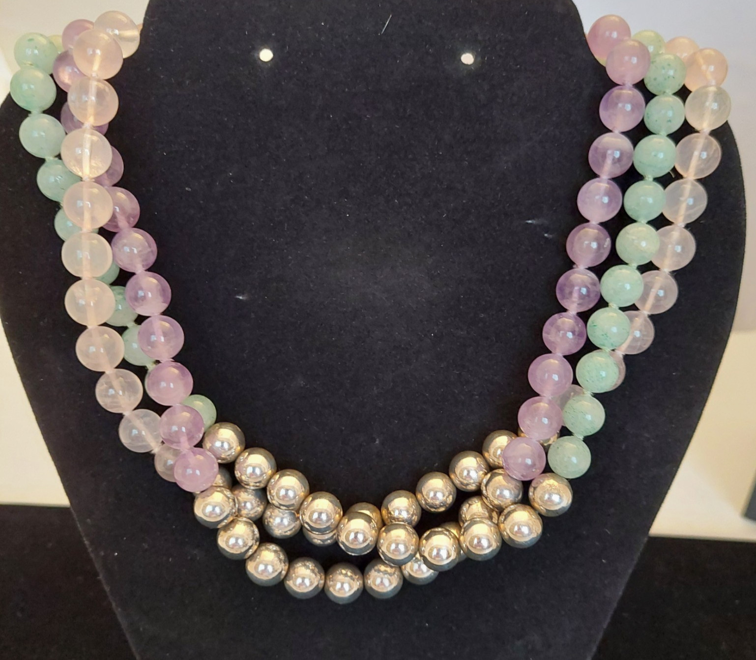 Sterling Silver Rose Quartz, Amethyst, Green Amethyst Multi-Strand Bead Necklace