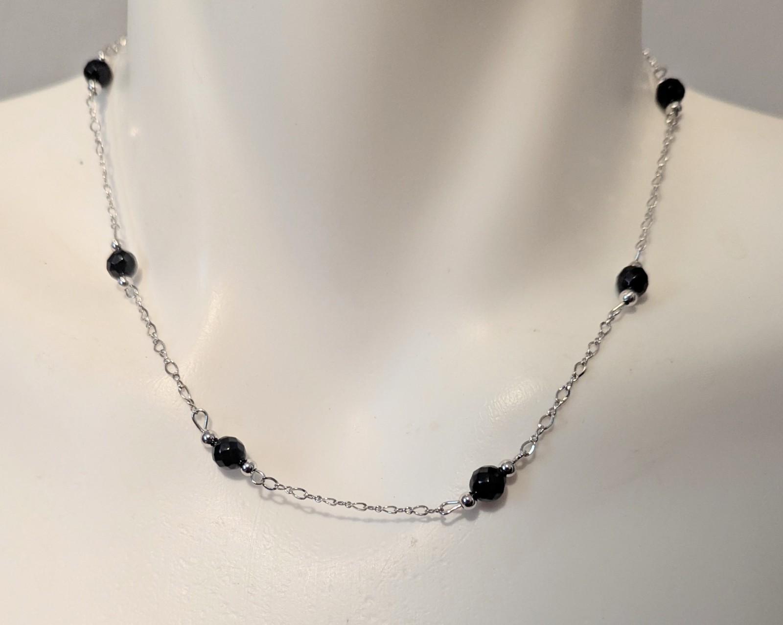 Solid Sterling Silver 5.5mm Black Onyx Bead Station Link Necklace 16″