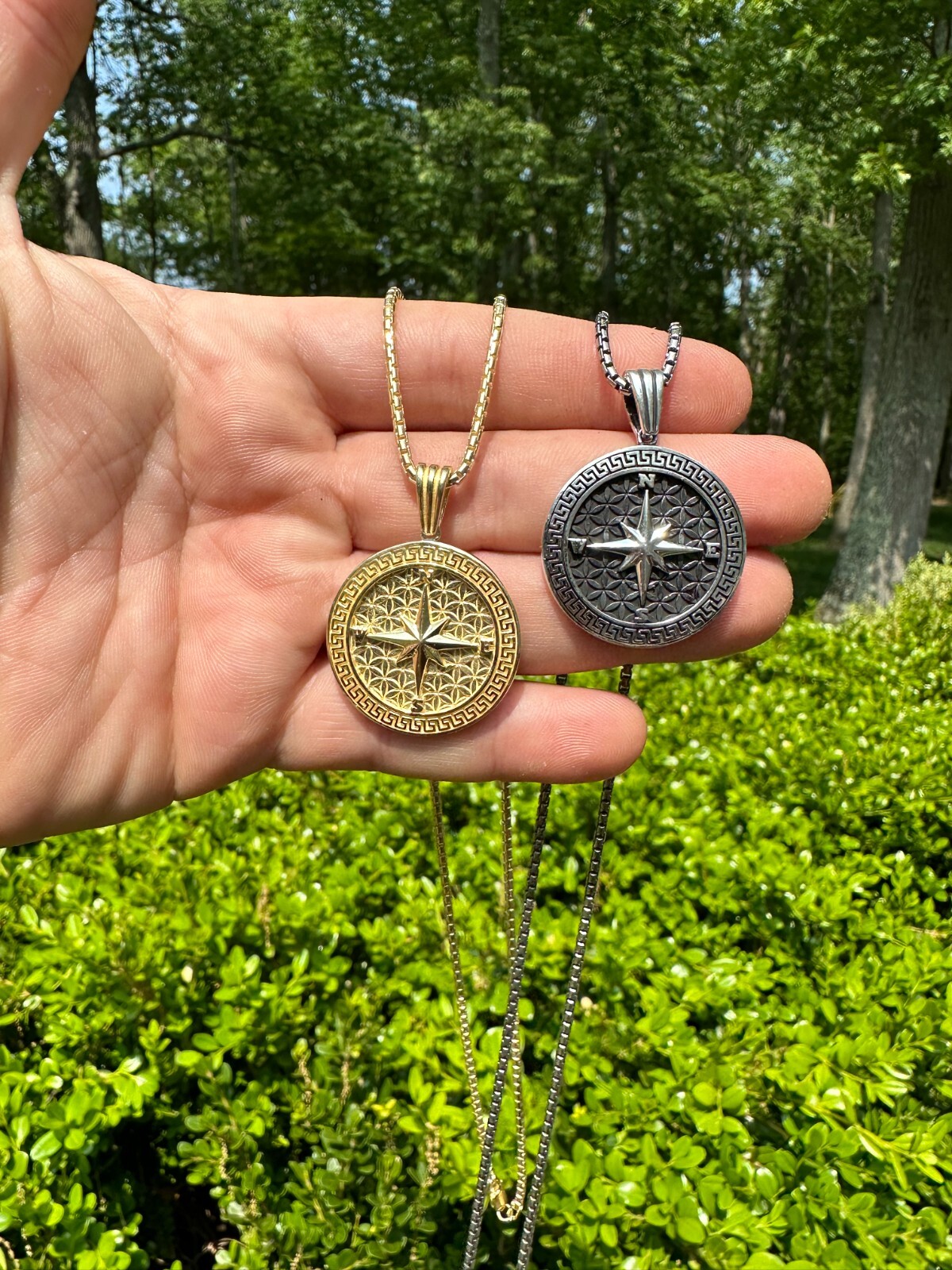 Real 925 Silver / 14k Gold Plated North Star Compass Medallion Pendant Necklace
