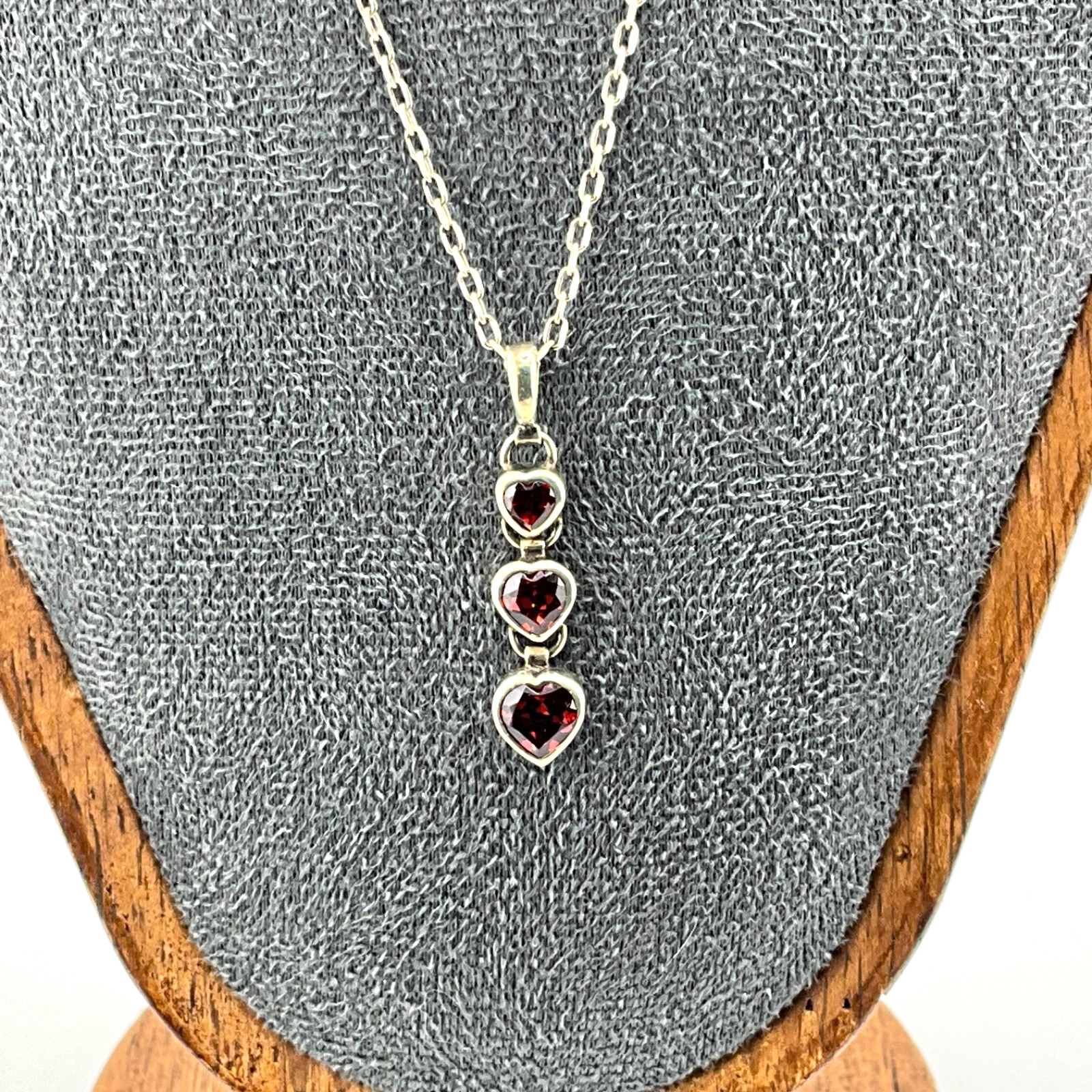 Minimalist Sterling Silver Three Heart Pendant Red Garnet with 17” Chain