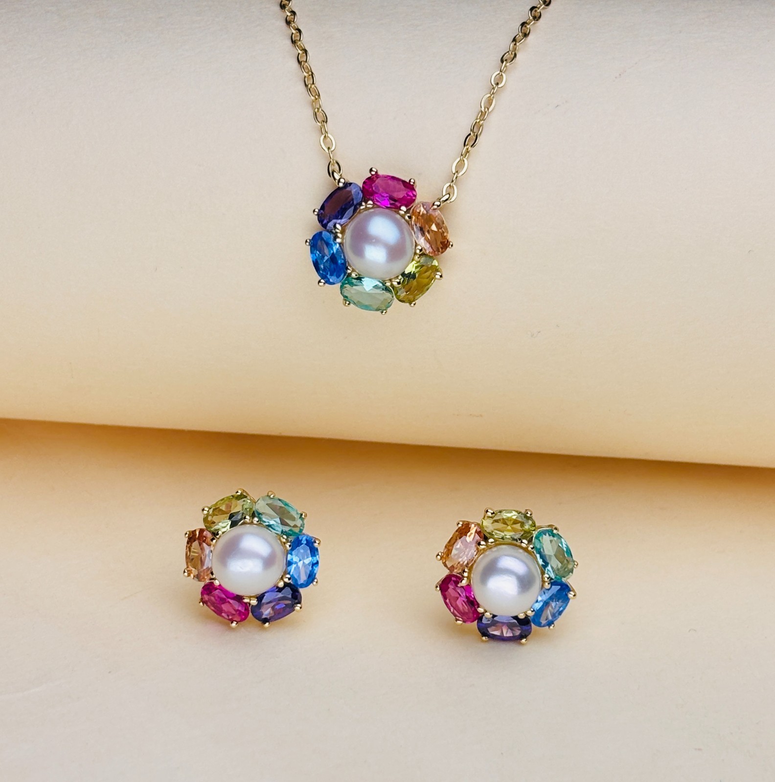 925 Silver Multicolor Gemstone Pearl Flower Pendant & Earrings Gifts For Women