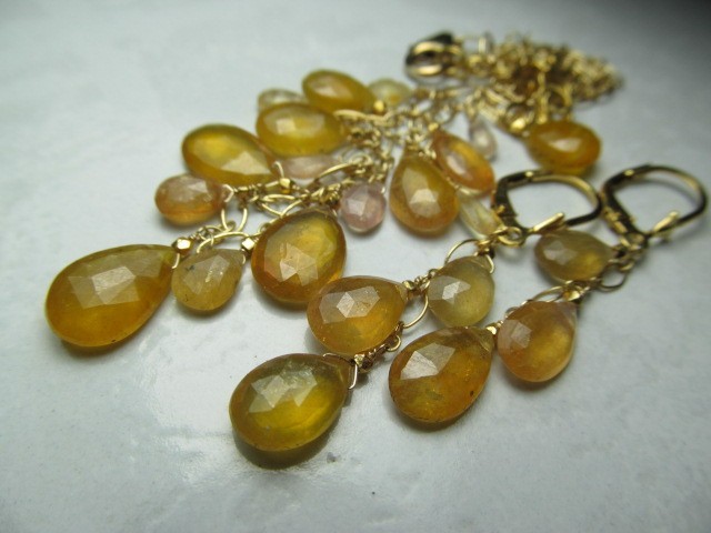 Sri Lanka Golden SAPPHIRE faceted briolette beads 14k Gold Filled Necklace set