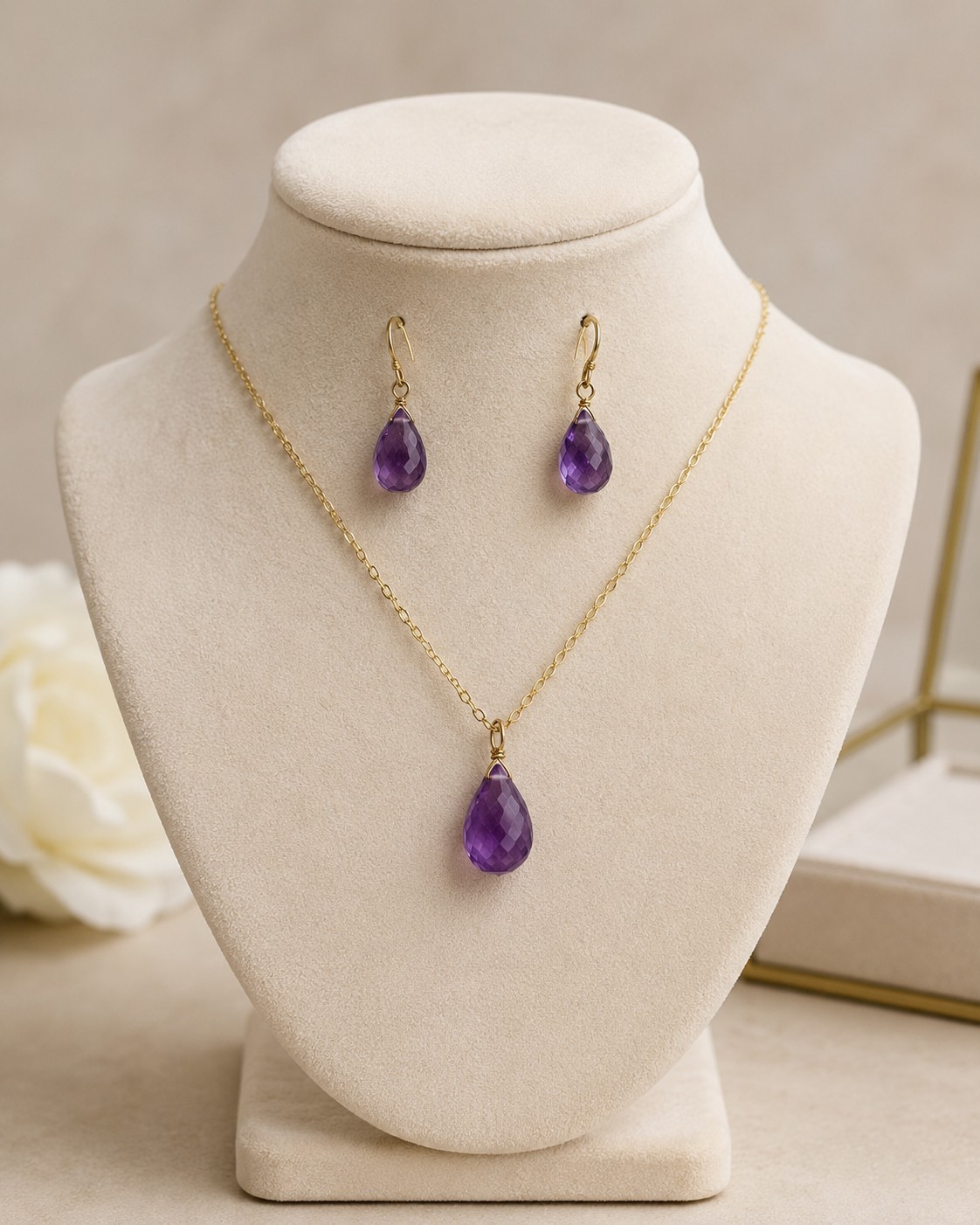 6 Carats Sterling Silver Briolette Faceted Amethyst Drop Necklace Earrings Set