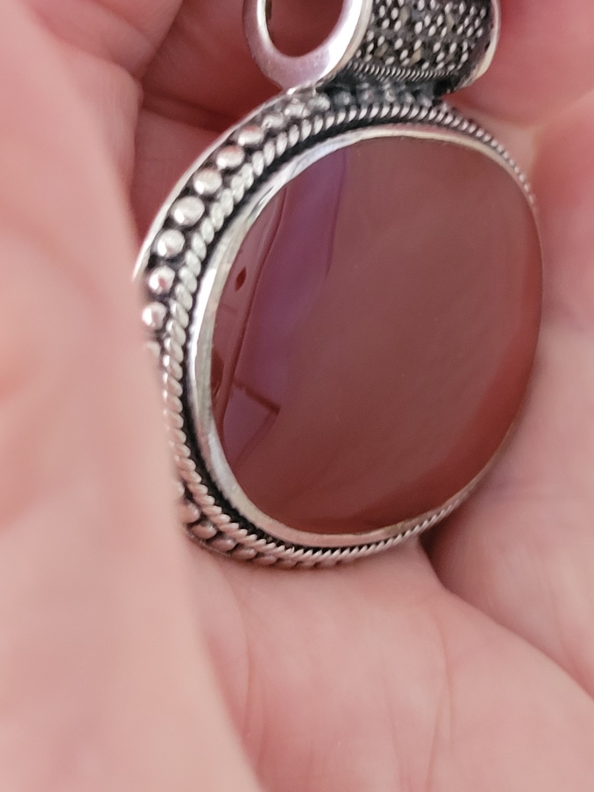 FINE CARNELIAN OVAL PENDANT, STERLING/ LARGE ROUND MARCASITE BALE