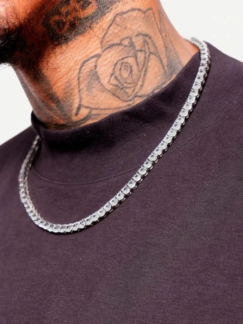 12 Ct Moissanite Round Cut Men’s Tennis Necklace Diamond 14k white Gold Plated