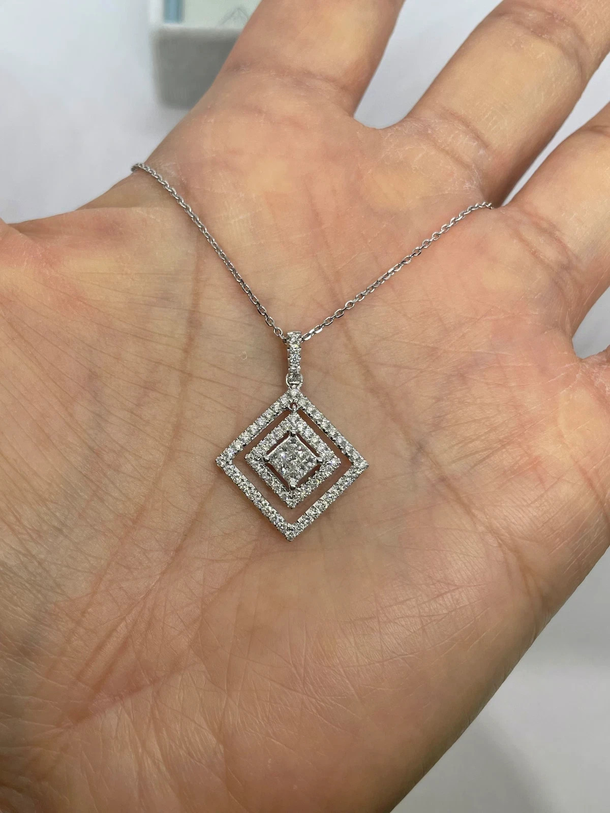 3Ct Round Cut Natural Moissanite Square Necklace Pendant 14K White Gold Plated