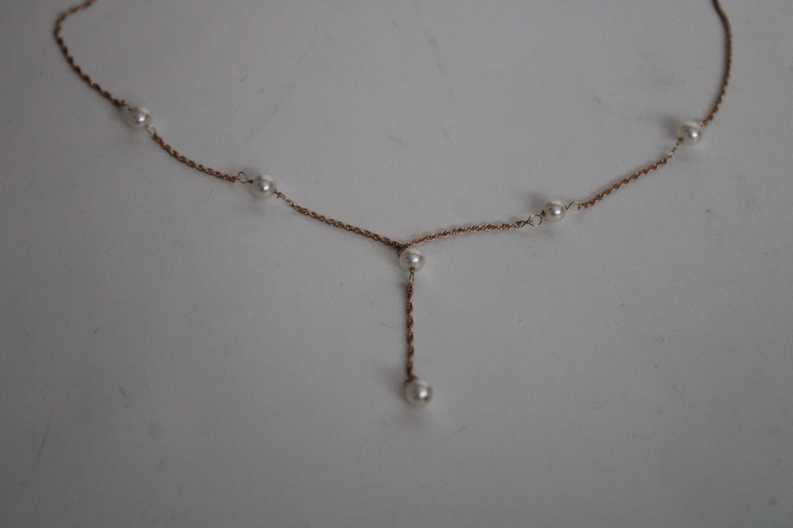Vintage 14k Yellow Gold & Pearl Y Drop Dangle Necklace, HZ (16.25″)
