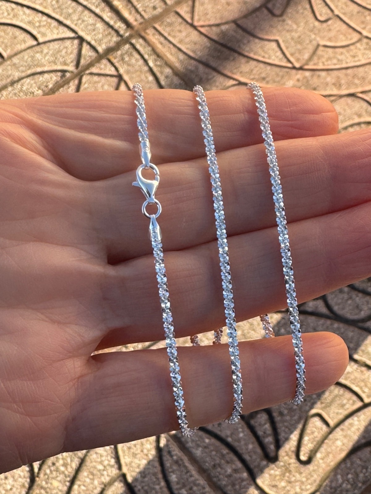 925 Sterling Silver (2MM) Criss Cross Margarita Sparkle Rock Chain Polished