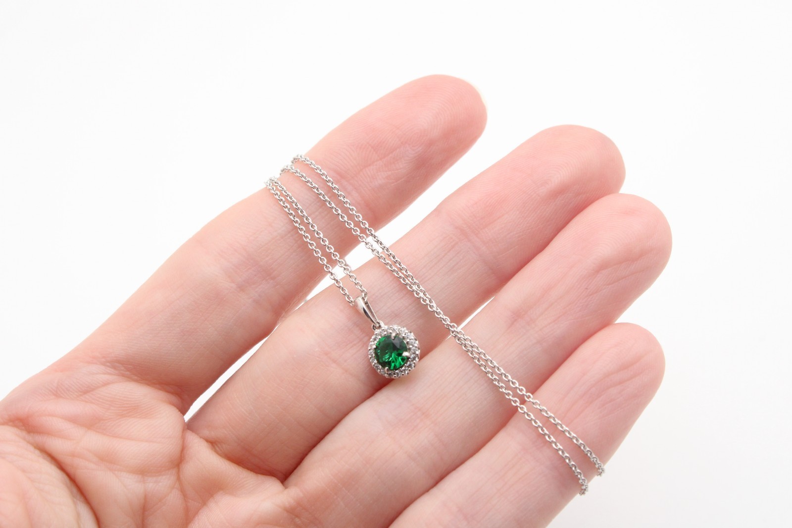 925 Sterling Silver KA1772 Sparkling Pave Green Stone Halo Chain Necklace