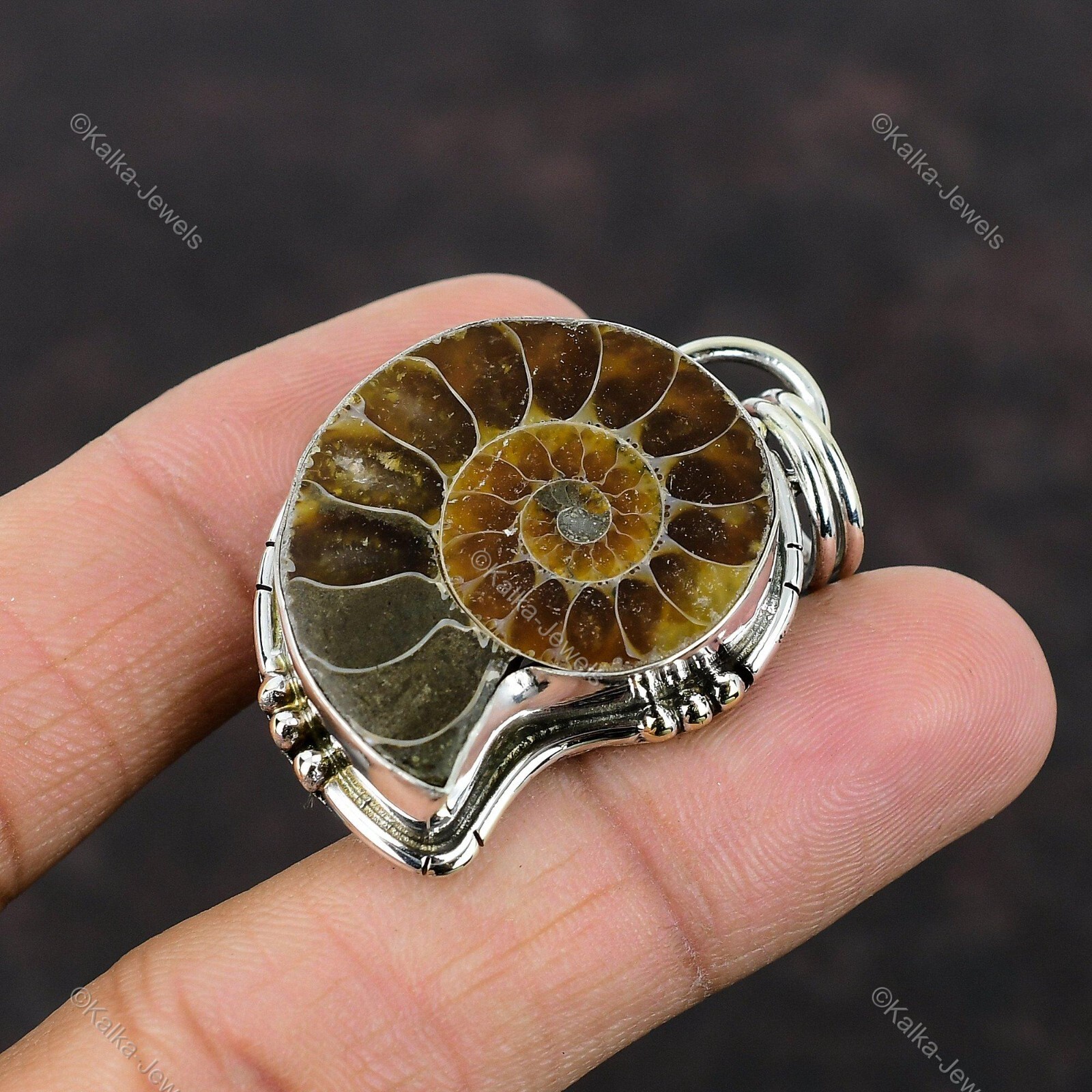 Natural Ammonite Fossil Gemstone Pendant Vintage 925 Sterling Silver Jewelry