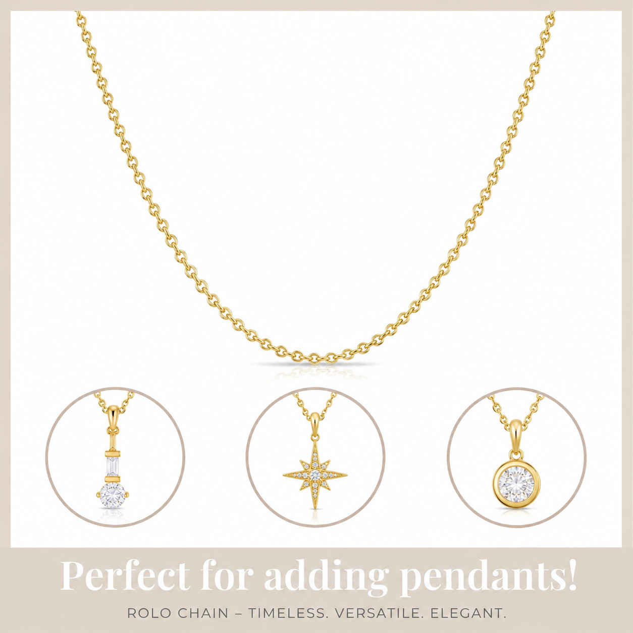 14K Solid Gold Rolo Chain Necklace, Dainty Pendant Chain 1.1mm