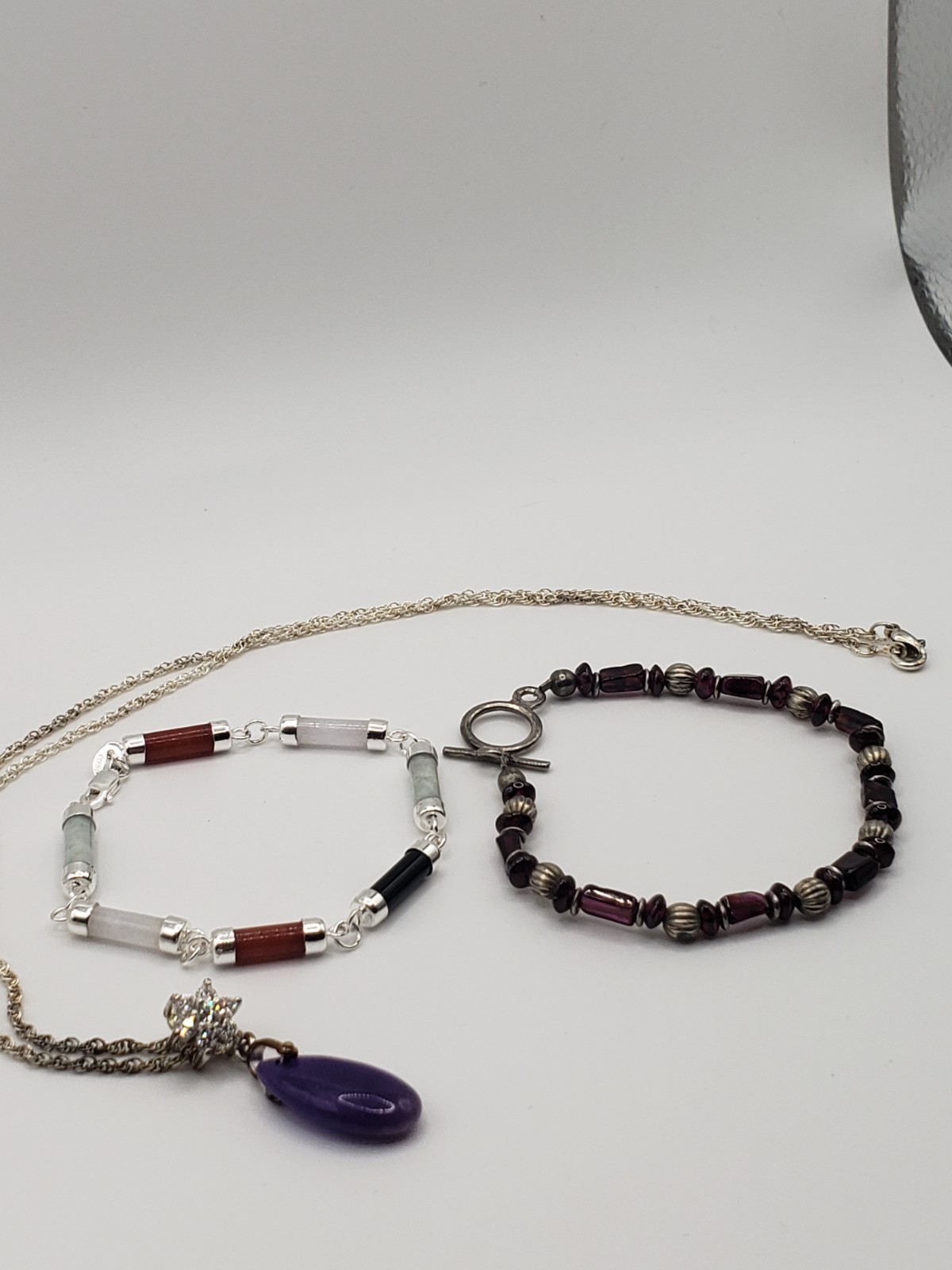 3 Tested 925 Sterling Silver Jewelry: 2 Bracelets & Purple Pendant Necklace