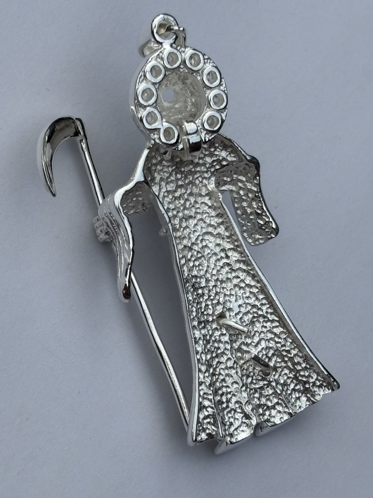 2.5″ ICED 925 STERLING SILVER LA SANTA MUERTE GRIM REAPER PENDANT CZ ONYX