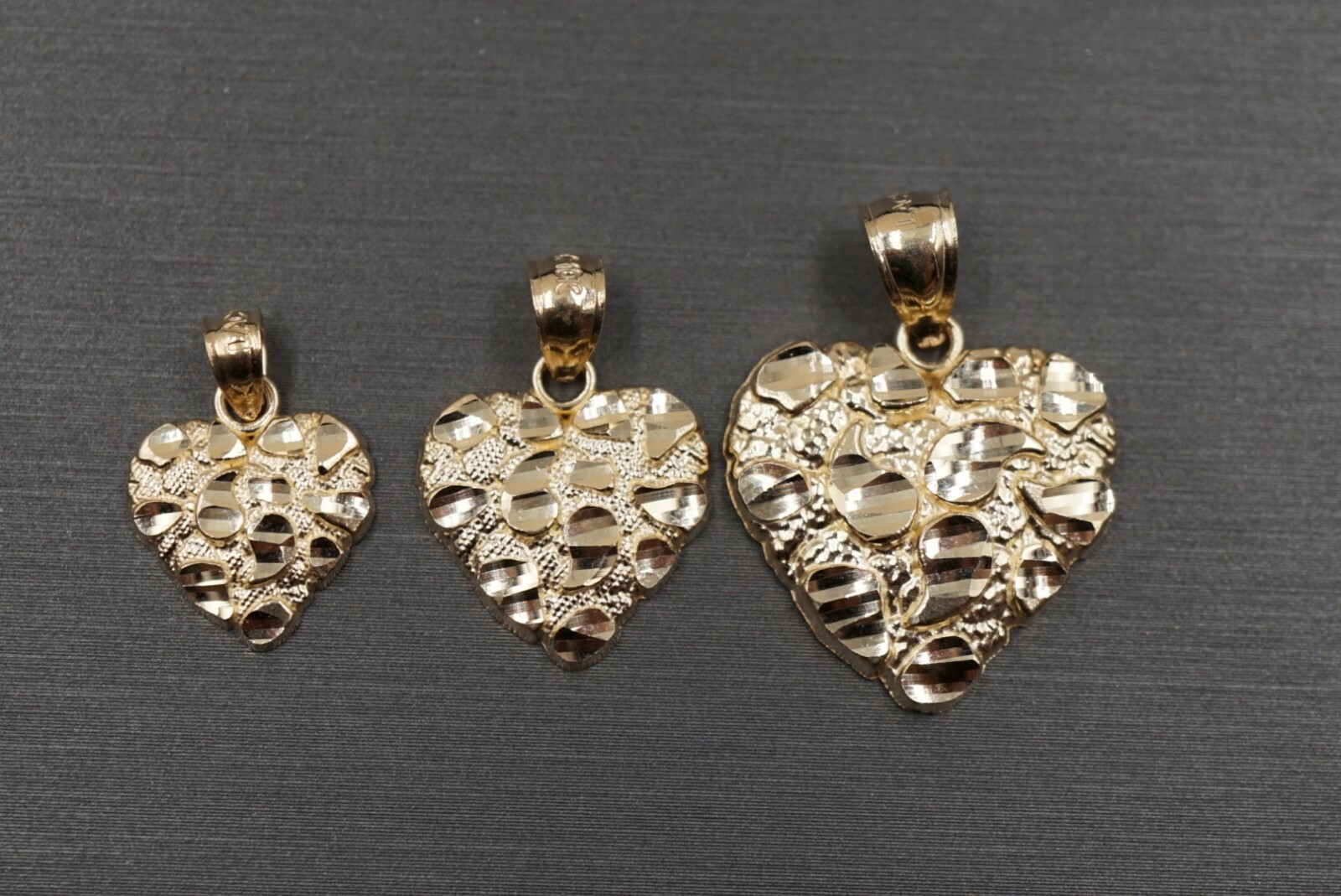 10K Solid Yellow Gold Diamond Cut Nugget Heart Charm Pendant. 3 Sizes