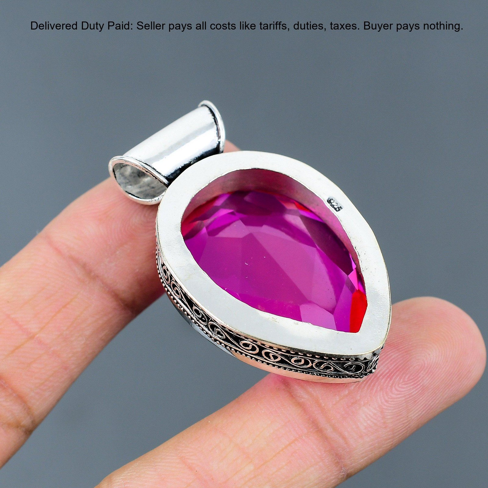 Pear Natural Pink Fire Topaz Bezel Birthday Vintage Wife Pendant Sterling Silver