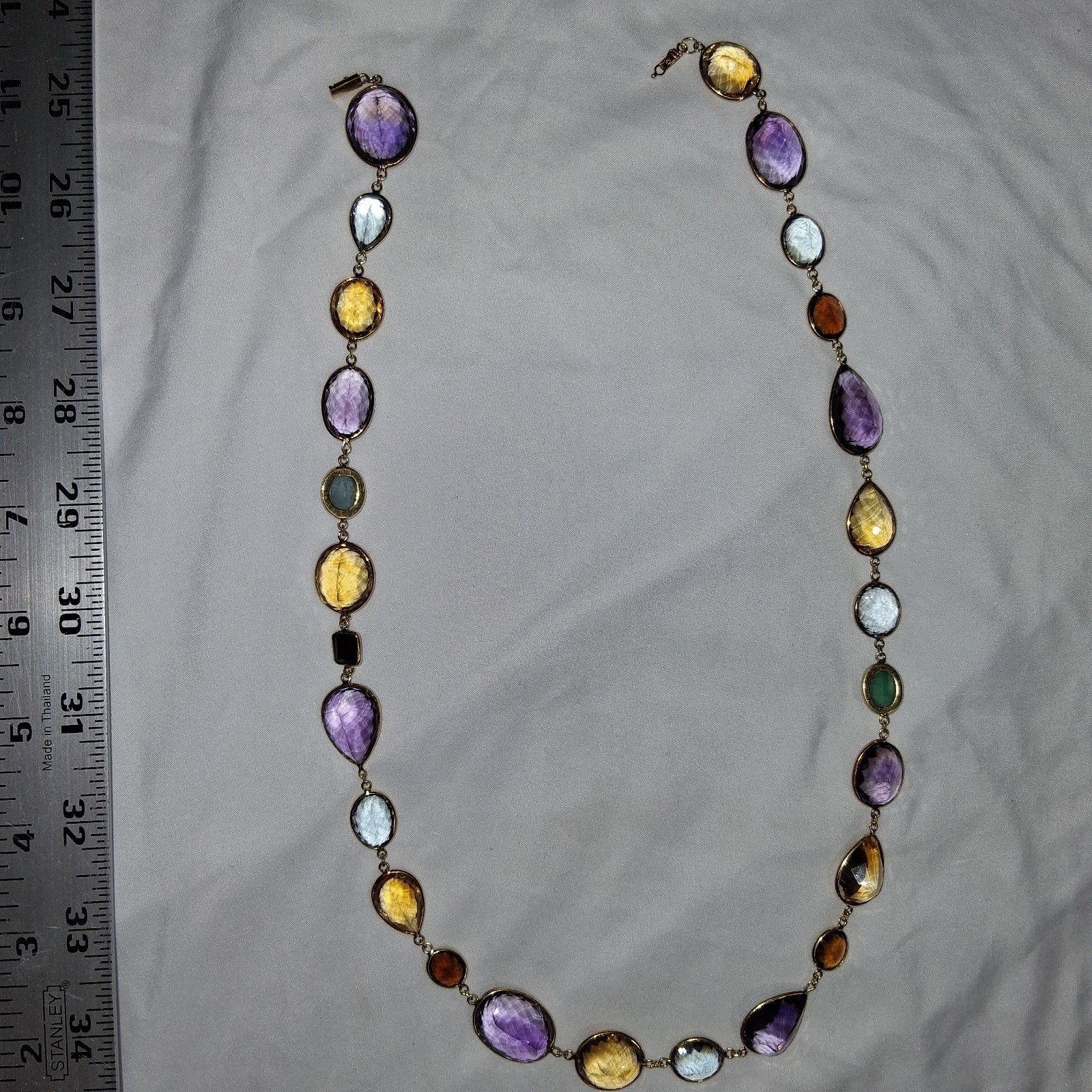 18k Yellow Gold multi color shape stone long necklace